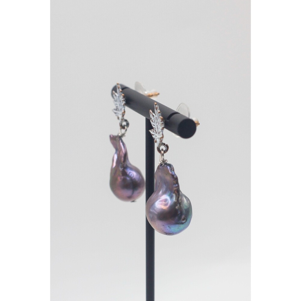 12mm Black Peacock Baroque Pearl Leaf Stud Earrings White Patina Bronze Handmade